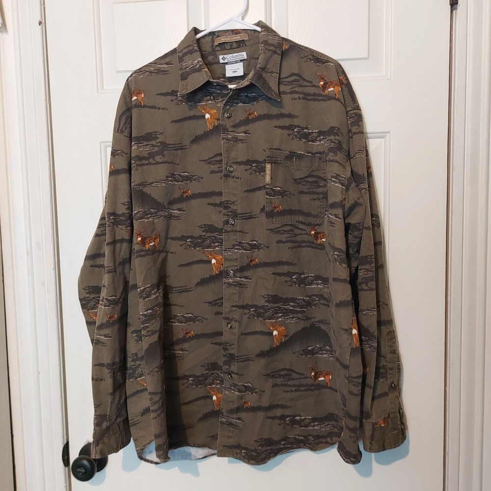 Columbia River Lodge Mens XXL Deer Print Canvas Button Down Shirt HM7038 Olive